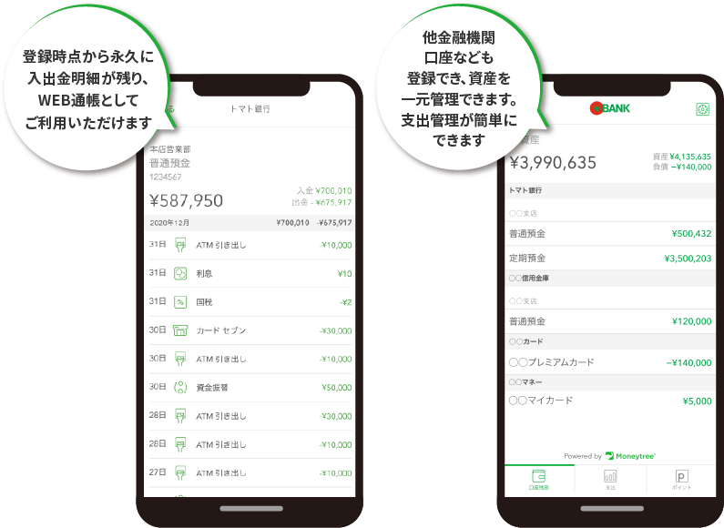 登録時点から永久に入出金明細が残り、WEB通帳としてご利用いただけます。他金融機関口座等も登録でき、資産を一元管理できます。支出管理が簡単にできます。