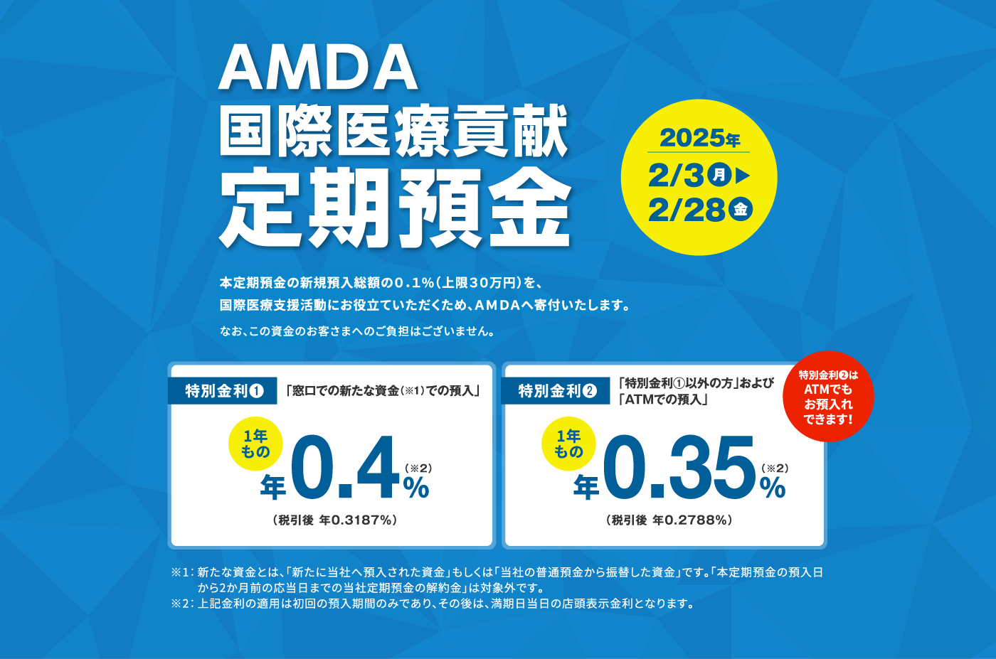 期間：2025年2/1（月）〜2/28（金）。本定期預金の新規預入総額の0.1%（上限30万円）を、
国際医療支援活動にお役立ていただくため、ＡＭＤＡへ寄付いたします。なお、この資金のお客さまへのご負担はございません。特別金利❶(「窓口での新たな資金（※1）での預入」1年もの年0.4%(※2)（税引後 年0.3187％）。特別金利❷(「特別金利①以外の方」および「ATMでの預入」)1年もの年0.35%(※2)（税引後 年0.2788％）(特別金利❷はATMでもお預入れできます！)。※1：新たな資金とは、「新たに当社へ預入された資金」もしくは「当社の普通預金から振替した資金」です。「本定期預金の預入日から2か月前の応当日までの当社定期預金の解約金」は対象外です。※2：上記金利の適用は初回の預入期間のみであり、その後は、満期日当日の店頭表示金利となります。