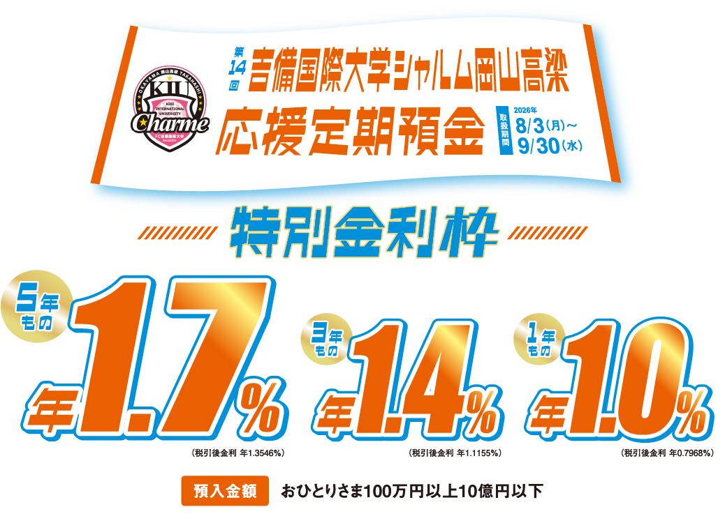 第14回吉備国際大学シャルム岡山高梁　特別金利枠。取扱期間：2026年8月3日（月）〜9月30月（水）。