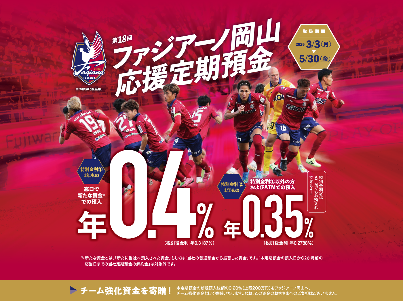 第18回ファジアーノ岡山応援定期預金。取扱期間：2025年3月3日（月）〜5月30日（金）。