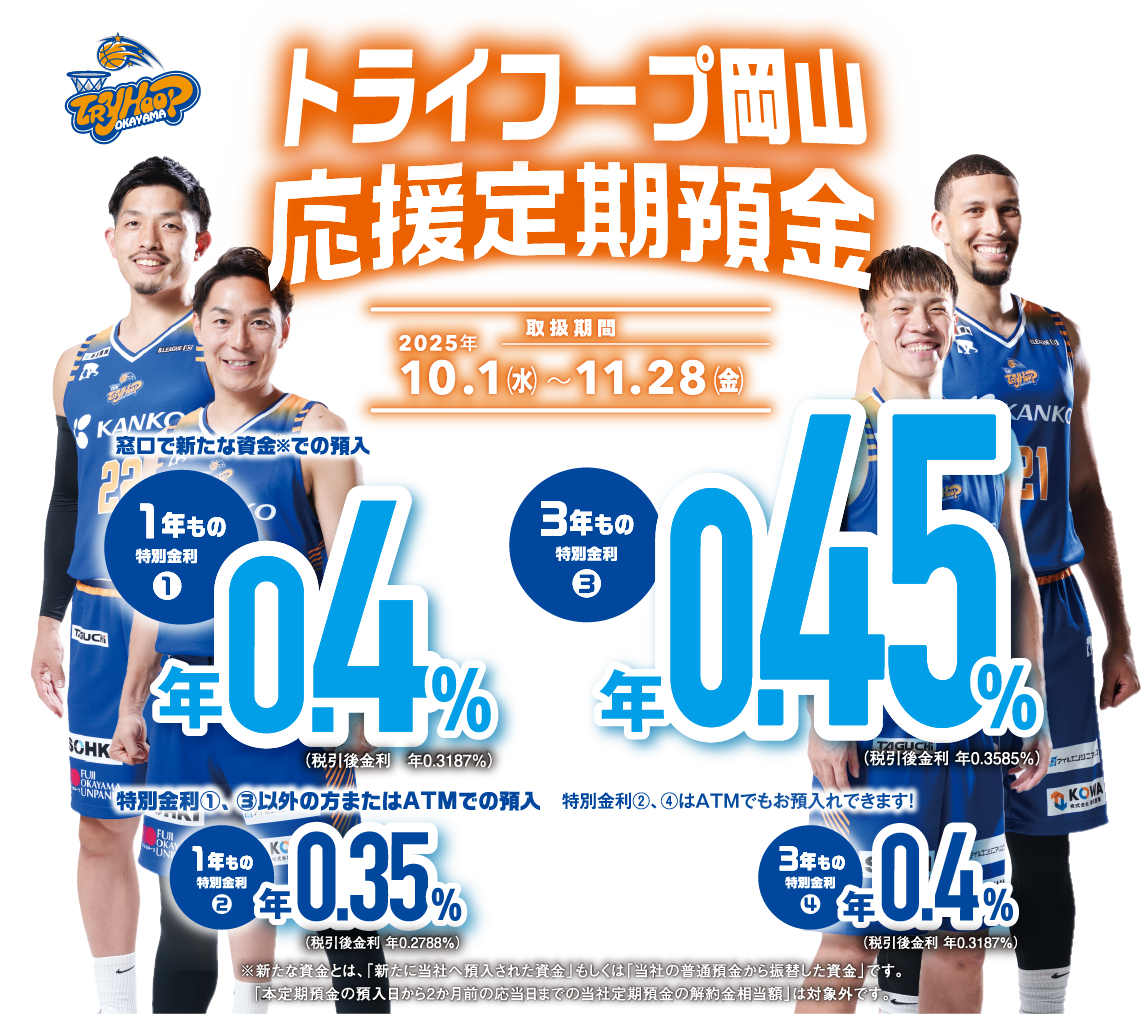 トライフープ岡山応援定期預金。取扱期間：2025年10月1日（水）〜2025年11月28日（金）。