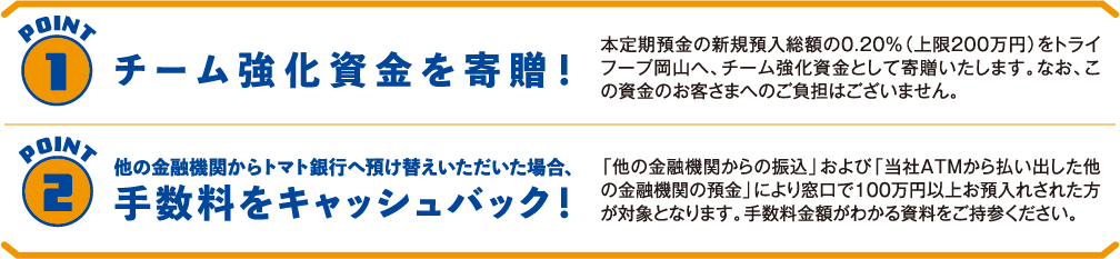 POINT1　本定期預金の新規預入総額の0.20％（上限200万円）をトライフープ岡山へ、チーム強化資金として寄贈いたします。なお、この資金のお客さまへのご負担はございません。POINT2　他の金融機関からトマト銀行へ預け替えいただいた場合､手数料をキャッシュバック！「他の金融機関からの振込」および「当社ATMから払い出した他の金融機関の預金」により窓口で100万円以上お預入れされた方が対象となります。手数料金額がわかる資料をご持参ください。